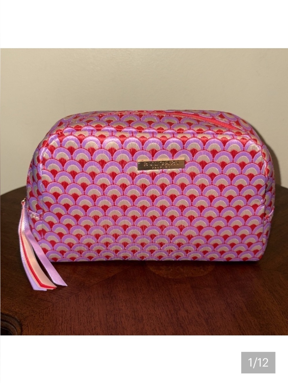Bvlgari Cosmetic case make up bag fully embroidered Red orange violet cream NWOT